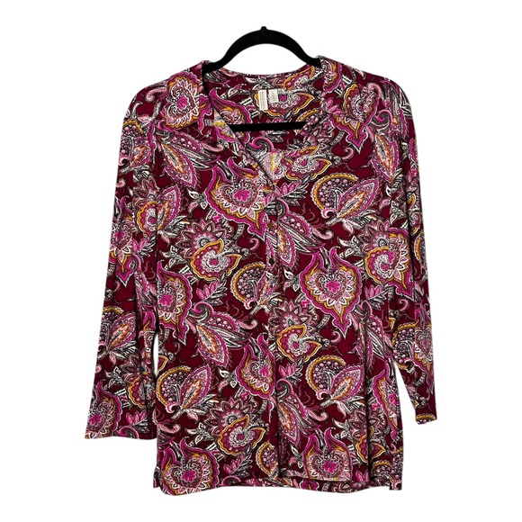 Madison Tops - Madison Womens Paisley Blouse Burgundy Pink 3/4 Sleeve Button Front Top Size L